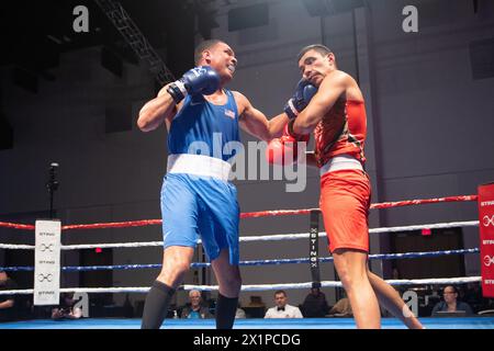 Pueblo, Colorado, USA. April 2024. Robbie Gonzales aus den Vereinigten Staaten (Blue) besiegt Callum Peters aus Australien in einem hart umkämpften 80 kg schweren Vorkampf. Quelle: Casey B. Gibson/Alamy Live News Stockfoto