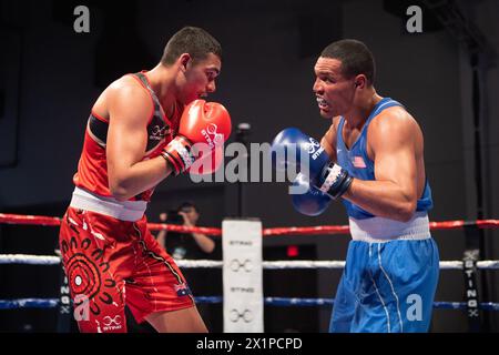 Pueblo, Colorado, USA. April 2024. Robbie Gonzales aus den Vereinigten Staaten (Blue) besiegt Callum Peters aus Australien in einem hart umkämpften 80 kg schweren Vorkampf. Quelle: Casey B. Gibson/Alamy Live News Stockfoto