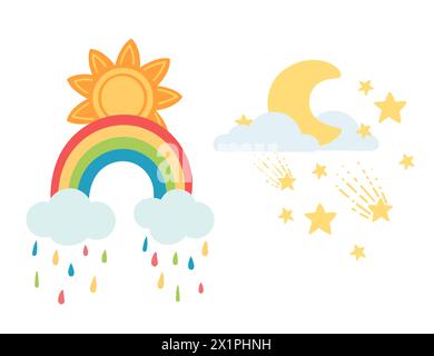 Satz von Wettersymbolen Regenbogen Sonne Mond und Wolken Vektor Illustration isoliert auf weißem Hintergrund Stock Vektor
