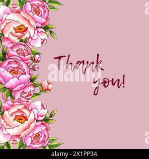 Aquarellkarte mit rosa Pfingstrosen, Knospen, Blättern auf der linken Seite und Text Danke. Botanische Komposition auf staubrosa Hintergrund. Super p Stockfoto