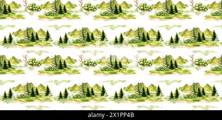 Aquarellillustration der natürlichen Landschaft isoliert vom Hintergrund. Wildtierszene im Wald mit grünem Gras, Bergkämmen, Bäumen und Büschen. Für Stockfoto