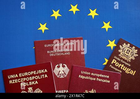 eu-Länder Pässe auf blauer EU-Flagge aus nächster Nähe. Portugiesische, deutsche, französische und polnische Reisepässe Stockfoto