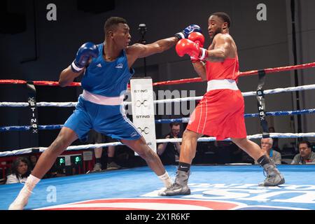 Pueblo, Colorado, USA. April 2024. Keno Machado (Blue) aus Brasilien besiegt Danel Brown aus den Vereinigten Staaten in einem 92 kg schweren Vorkampf. Quelle: Casey B. Gibson/Alamy Live News Stockfoto