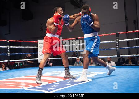 Pueblo, Colorado, USA. April 2024. Keno Machado (Blue) aus Brasilien besiegt Danel Brown aus den Vereinigten Staaten in einem 92 kg schweren Vorkampf. Quelle: Casey B. Gibson/Alamy Live News Stockfoto