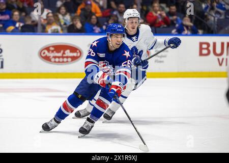 17. April 2024: Rochester Americans Stürmer Mason Jobst (26) skatet in der zweiten Periode gegen die Toronto Marlies. Die Rochester Americans veranstalteten die Toronto Marlies in einem Spiel der American Hockey League in der Blue Cross Arena in Rochester, New York. (Jonathan Tenca/CSM) Stockfoto