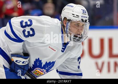 17. April 2024: Toronto Marlies Stürmer Roni Hirvonen (33) Skates in der zweiten Periode gegen die Rochester Americans. Die Rochester Americans veranstalteten die Toronto Marlies in einem Spiel der American Hockey League in der Blue Cross Arena in Rochester, New York. (Jonathan Tenca/CSM) Stockfoto