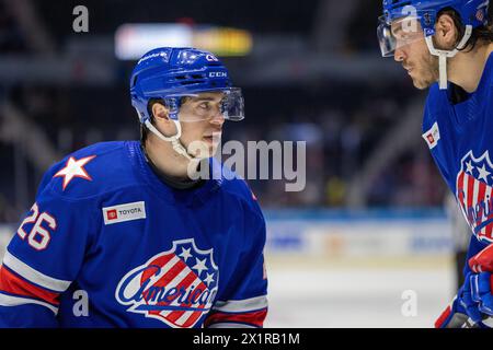 17. April 2024: Rochester Americans Stürmer Mason Jibst (26) Skates in der ersten Periode gegen die Toronto Marlies. Die Rochester Americans veranstalteten die Toronto Marlies in einem Spiel der American Hockey League in der Blue Cross Arena in Rochester, New York. (Jonathan Tenca/CSM) Stockfoto