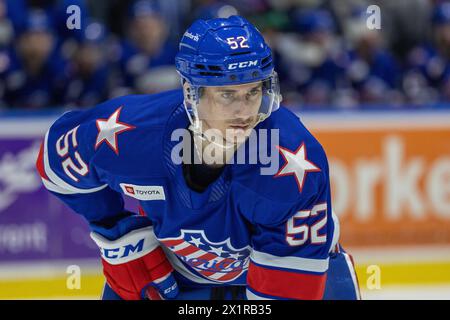 17. April 2024: Rochester-Amerikaner-Stürmer Aleksandr Kisakov (52) Skates in der zweiten Periode gegen die Toronto Marlies. Die Rochester Americans veranstalteten die Toronto Marlies in einem Spiel der American Hockey League in der Blue Cross Arena in Rochester, New York. (Jonathan Tenca/CSM) Stockfoto