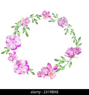 Rahmenkranz hell Rosa Hagebuttenblüten mit Blättern. Aquarellabbildung. Isolierter weißer Hintergrund. Für Design-Postkarten, Menüs, Schaufenster, po Stockfoto