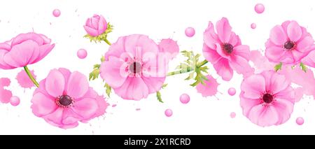 Ein nahtloser Rand mit zarten rosa Anemonen und Strasssteinchen. Aquarellillustration mit weichen Wassertropfen und Spritzern. Für Stockfoto