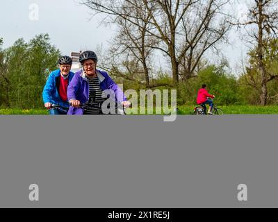 Beuningen, Gelderland, Niederlande. April 2024. Man sieht Menschen, die über einen der Deiche radeln. Die erste Frühlingshälfte war die bisher wärmste in den Niederlanden seit Beginn der Temperaturmessungen im Jahr 1901. In der ersten Frühlingshälfte wurden auch drei tägliche Wärmerekorde gebrochen. März 2024 war der wärmste März aller Zeiten, mit einer durchschnittlichen Temperatur von 9 Grad an der nationalen Wetterstation in de Bit, verglichen mit den typischen 6,5 Grad. (Credit Image: © Ana Fernandez/SOPA Images via ZUMA Press Wire) NUR REDAKTIONELLE VERWENDUNG! Nicht für kommerzielle ZWECKE! Stockfoto