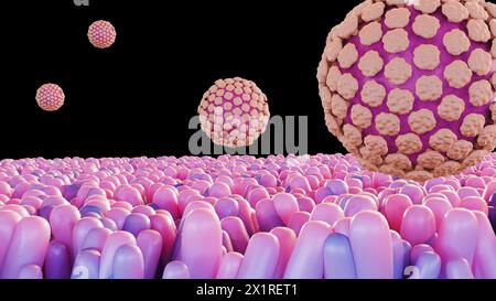 3d Rendering von Norovirus ist ein hoch ansteckendes Virus, das Erbrechen und Durchfall verursacht, und nennt die „Magengrippe“ oder „Magenwanze“ Stockfoto