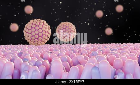 3d Rendering von Norovirus ist ein hoch ansteckendes Virus, das Erbrechen und Durchfall verursacht, und nennt die „Magengrippe“ oder „Magenwanze“ Stockfoto