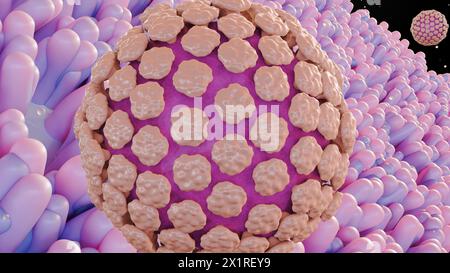 3d Rendering von Norovirus ist ein hoch ansteckendes Virus, das Erbrechen und Durchfall verursacht, und nennt die „Magengrippe“ oder „Magenwanze“ Stockfoto