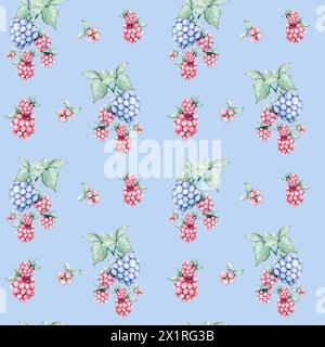 Nahtloses Muster mit Himbeeren in Aquarellfarben Stockfoto