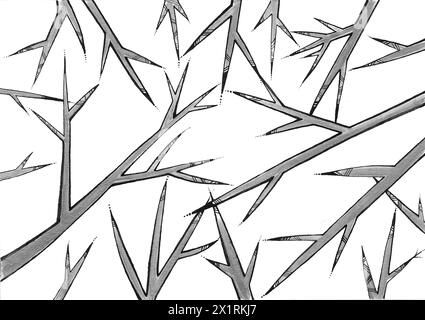 Hintergrund von dekorativen Zweigen. Grau mit schwarzer Umrandung auf weißem Hintergrund. Die Verzweigungen sind gerade und dünnen sich zum Ende der Verzweigung an Stockfoto