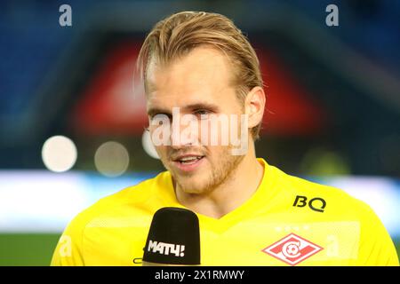 Sankt Petersburg, Russland. April 2024. Aleksandr Maksimenko (98) von Spartak, der während des russischen Fußballspiels 2023/2024 zwischen Zenit Sankt Petersburg und Spartak Moskau in der Gazprom Arena gesehen wurde. Endpunktzahl: Zenit 0:0 Spartak. (Foto: Maksim Konstantinov/SOPA Images/SIPA USA) Credit: SIPA USA/Alamy Live News Stockfoto