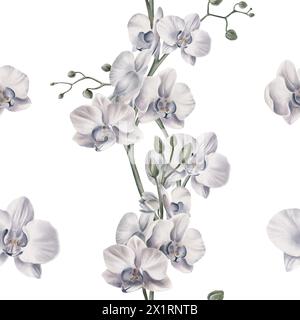 Weiße Orchideenblüten in einem nahtlosen Muster mit Orchideenzweigen und einzelnen Blüten auf weißem Hintergrund. Tropische Pflanzen. Aquarellabbildung Stockfoto