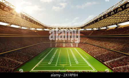 3D-Renderbild des American Football-Stadions mit gelbem Torpfosten, Grasfeld und unscharfen Fans auf dem Spielplatz während des Spiels am Tag. Stockfoto