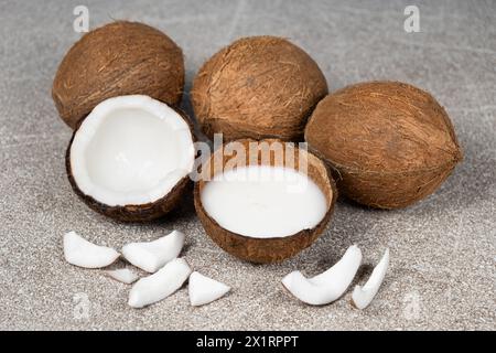 Kokosmilch in Kokosnussschale und Kokosnuss, gehacktes Fleisch auf grauem Hintergrund Stockfoto