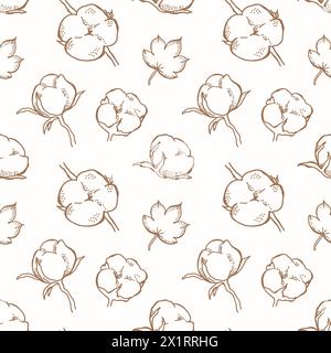 Nahtloses Muster mit Baumwollblumen. Baumwollkugeln, Baumwollfaservektorillustration isoliert auf weißem Hintergrund. Perfekt zum Einpacken von Papier oder Textilien, Stockfoto