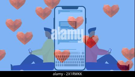 Zwei Back-to-Back-Duo mit kolossalem Smartphone, umgeben von Herzen Stockfoto