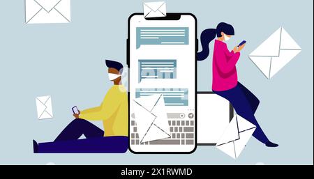 Ein sitzender Mann und eine stehende Frau benutzen Smartphones neben einem riesigen Laptop Stockfoto