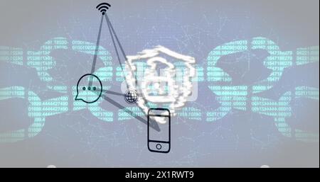 Digitale Schnittstellen und Symbole, die um das Smartphone schwebt und die Konnektivität anzeigt Stockfoto