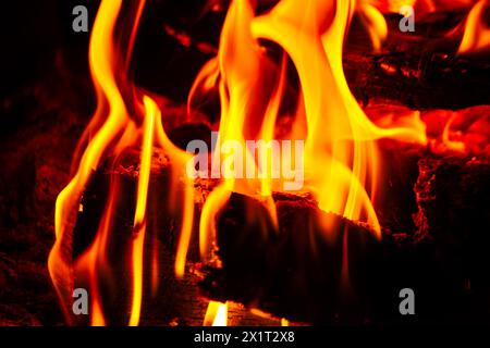 Fangen Sie die Essenz des Inferno mit einer Nahaufnahme des feurigen Holzfeuers mit brennenden Flammen und sengender Hitze ein. Stockfoto