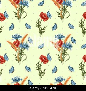 Ein Strauß aus Weizen, Mohn und Kornblumen. Nahtloses Aquarellmuster mit roten Mohnblumen und Weizenohren. Wildblumen, Schmetterlinge. Stockfoto