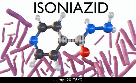 Die 3D-Rendering von Isoniazid ist ein Antibiotikum, das zur Behandlung von Infektionen mit Mykobakterien-Tuberkulose verwendet wird Stockfoto