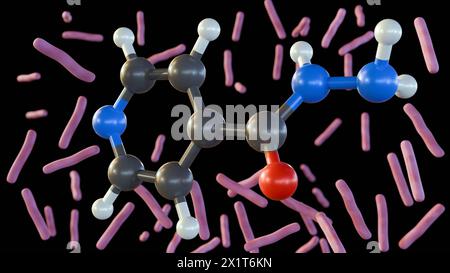 Die 3D-Rendering von Isoniazid ist ein Antibiotikum, das zur Behandlung von Infektionen mit Mykobakterien-Tuberkulose verwendet wird Stockfoto