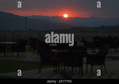 Sonnenuntergang über Hügeln mit einem Weinberg im Vordergrund. Stockfoto