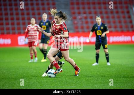 Lüttich, Belgien. April 2024. Laura Miller (6) von Standard, dargestellt während eines Frauenfußballspiels zwischen Standard Femina de Lüttich und RSC Anderlecht Women am 4. Spieltag in den Play-offs der Saison 2023 - 2024 in der belgischen Lotto Womens Super League am Dienstag, 16. April 2024 in Lüttich, BELGIEN. Quelle: Sportpix/Alamy Live News Stockfoto