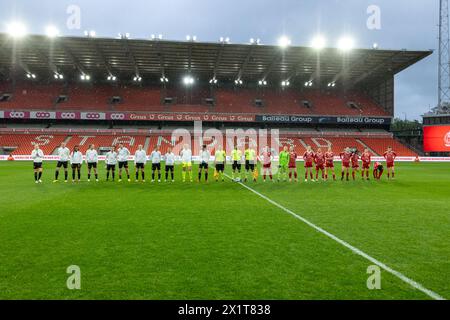 Lüttich, Belgien. April 2024. Das Bild wurde während eines Frauenfußballspiels zwischen Standard Femina de Lüttich und RSC Anderlecht Women am 4. Spieltag in den Play-offs der Saison 2023 - 2024 in der belgischen Lotto Womens Super League am Mittwoch, 16. April 2024 in Lüttich, BELGIEN, gezeigt. Quelle: Sportpix/Alamy Live News Stockfoto