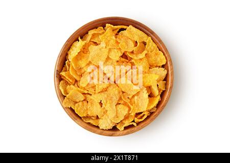 Cornflakes in Holzschale auf weißem Hintergrund Stockfoto