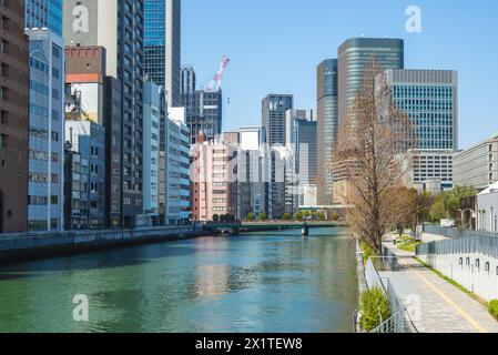 Nakanoshima, eine Sandbank im Fluss Kyu Yodo in Osaka, Japan Stockfoto