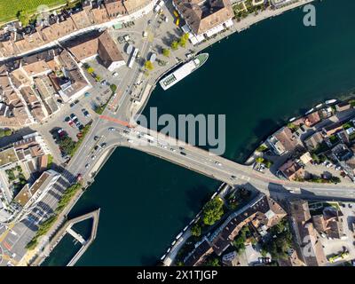 Schaffhausen, Schweiz von oben nach unten auf die Schaffhauser Altstadt am Rhein in der Ostschweiz Stockfoto