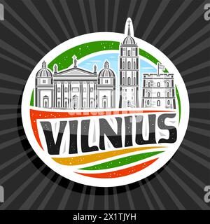 Vektor-Logo für Vilnius, weißer dekorativer Tag mit Umrissillustration der europäischen vilnius Stadtlandschaft auf Tageshimmel Hintergrund, Kunstdesign Kühlschrank Stock Vektor