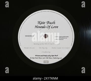 Foto Nahaufnahme eines Zentrums-Labels auf einer Original-Pressung der langlebigen LP-Platte Hounds of Love von Kate Bush aus dem Jahr 1985 Stockfoto