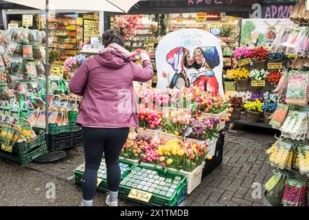 Touristen lassen sich auf dem farbenfrohen, schwimmenden Blumenmarkt Bloemenmarkt am Singel im Zentrum von Amsterdam, Niederlande, fotografieren Stockfoto