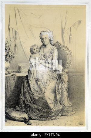 Portrait de Marie Antoinette (1755-1793), Archiherzochesse d'Autriche et reine de France, avec le dauphin de France - in 'Galerie historique de la Revolution francaise' de Albert Maurin, 1843 Stockfoto