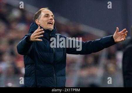 17. April 2024, Bayern, München: Fußball: Champions League, Bayern München - FC Arsenal, K.-o.-Runde, Viertelfinale, zweites Leg, Allianz Arena. Der Münchner Trainer Thomas Tuchel reagiert während des Spiels. Foto: Tom Weller/dpa Stockfoto