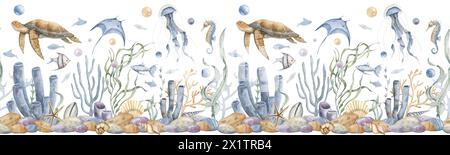 Unterwasser-Banner mit Meerestieren und Fischen auf isoliertem Hintergrund. Handgemalte Aquarellfarben mit tropischer Meeresflora. Unterwassermuster mit Meeresboden, Korallen, Riffen und Algen. Stockfoto