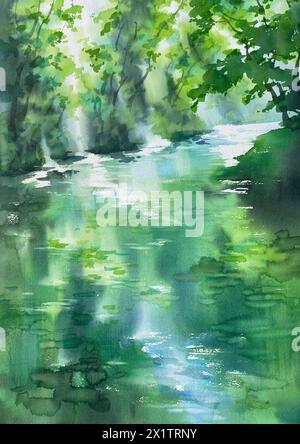 Grüner Quellfluss im Wald Aquarellhintergrund Stockfoto