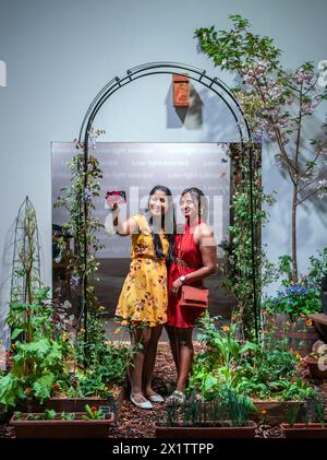 Von links nach rechts machen Ekta Arolkar und Snehal Rai ein Selfie in einem Garten, der von Jason Williams (The Cloud Gardener) entworfen wurde, bei der RHS Urban Show, der ersten komplett im Innenbereich stattfindenden Blumenshow Großbritanniens, die von der Royal Horticultural Society im Depot Mayfield in Manchester veranstaltet wird. anlässlich des „Gartenbooms“, der in den Städten stattfindet. Bilddatum: Donnerstag, 18. April 2024. Stockfoto