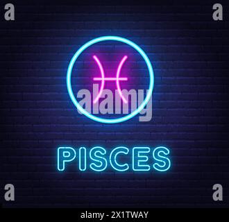 Neon Pisces Schild auf Backsteinwand Hintergrund. Stock Vektor