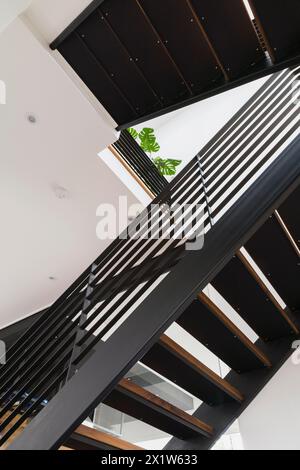 Amerikanischer Nussbaum kaltgewalzte Holz und schwarz pulverbeschichtet Stahltreppen innen eine moderne Cube Arthaus, Quebec, Kanada Stockfoto