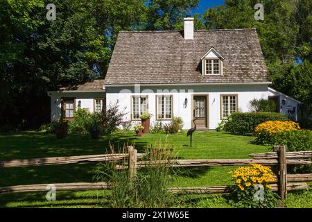 Alte ca. 1886 weiß mit beige und braune Zierleiste Kanadiana Cottage Stil Hausfassade mit landschaftlich gestaltetem Vorhof, der gelbe Rudbeckia fulgida enthält Stockfoto