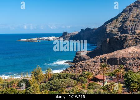 Die Stadt Agaete vom Aussichtspunkt Barranco de Guayedra. Gran Canaria. Spanien Stockfoto